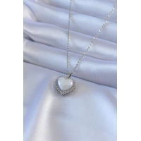 316L Çelik Gümüş Renk İncili Kalp Model Zirkon Taşlı Kadın Kolye