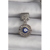 316L Çelik Gümüş Renk Sallantı Zirkon Taşlı Göz Model Nazar Boncuk Detay Nomination Charm