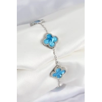 316L Çelik Sedefli Gökyüzü Mavisi Gümüş Renk Yonca Kadın Bileklik