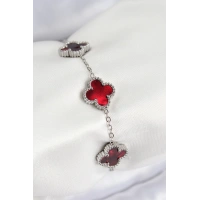 316L Çelik Sedefli Kırmızı Gümüş Renk Yonca Kadın Bileklik