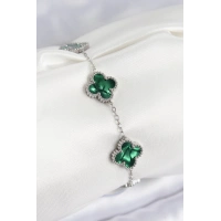 316L Çelik Sedefli Zümrüt Yeşil Gümüş Renk Yonca Kadın Bileklik