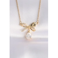 316L Çelik Zincir Altın Renk Zirkon Taşlı Damla Detay Fiyonk Kolye