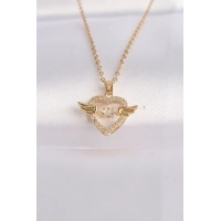 316L Çelik Zincir Altın Renk Zirkon Taşlı Kanatlı Kalp Kolye