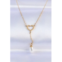 316L Çelik Zincir Gold Renk İnci Taş Detay Kalp Kolye