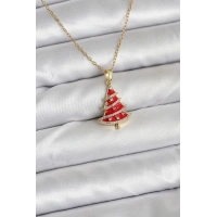316L Çelik Zincir Gold Renk Kırmızı Çam Ağacı Model Yılbaşı Temalı Kadın Kolye