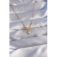 316L Çelik Zincir Gold Renk Zirkon Taşlı Yarım Fiyonk Kalp Kolye