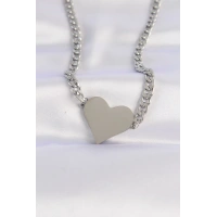 316L Çelik Zincir Gümüş Renk Düz Plaka Kalp Kolye