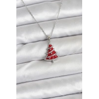 316L Çelik Zincir Gümüş Renk Kırmızı Çam Ağacı Model Yılbaşı Temalı Kadın Kolye