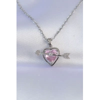316L Çelik Zincir Gümüş Renk Pembe Zirkon Taşlı Eros Kolye