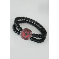 Barış Figürlü Bordo Renk Füme Metal Aksesuarlı Çift Sıra Oniks Doğal Taş Erkek Bileklik