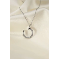 Çelik Silver Renk Zirkon Taşlı Çivi Model Kadın Kolye