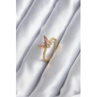 Gold Renk Pembe Zirkon Taşlı Kelebek Model Kadın Yüzük