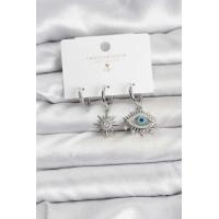 Göz Model Gümüş Renk Pirinç 3lü Kadın Küpe Seti