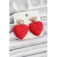 Kırmızı Kalp Figürlü Hasır Örgü Model Gold Renk Kadın Küpe