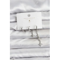 Kutup Yıldızı Model Gümüş Renk Pirinç 3lü Kadın Küpe Seti