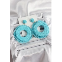 Mavi Püsküllü Halka Figürlü Hasır Örgü Model Gold Renk Kadın Küpe