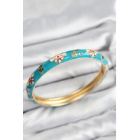 Mineli Pirinç Mavi Çiçek Motifli Gold Kadın Kelepçe