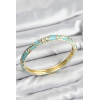 Mineli Pirinç Zirkon Taşlı Turkuaz Çiçek Motifli Gold Kadın Kelepçe