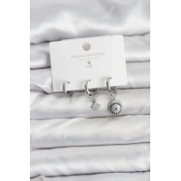 Nazar Model Gümüş Renk Pirinç 3lü Kadın Küpe Seti