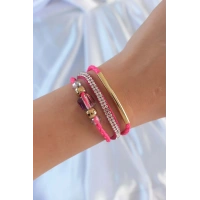 Pembe Renk Zirkon Taşlı Deri Çoklu Bileklik
