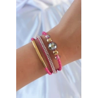Pembe Renk Zirkon Taşlı Deri Çoklu Bileklik