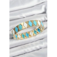 Pirinç Baklava Desenli Mavi Beyaz Gold Renk Lastikli Kadın Bileklik