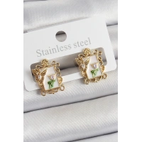 Pirinç Beyaz Mineli Sanatsal Portre Model Gold Renk Kadın Küpe