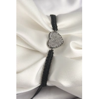 Pirinç Füme Renk Zirkon Taşlı Kalp Figür Asansörlü Makrome Model Kadın Bileklik