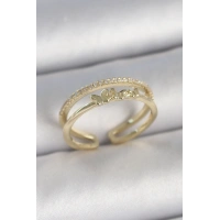 Pirinç Gold Renk 2Li Sıra Zirkon Taş Detaylı Kelebek Figürlü Ayarlanabilir Model Kadın Yüzük