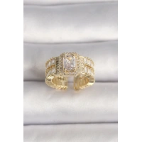 Pirinç Gold Renk Ayarlanabilir Baget Zirkon Taş Model Kadın Yüzük