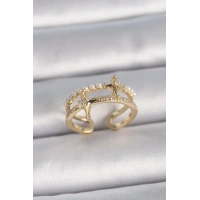 Pirinç Gold Renk Ayarlanabilir Zirkon Taşlı İncili Yıldız Model Kadın Yüzük
