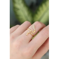 Pirinç Gold Renk Ayarlanabilir Zirkon Taşlı Yılan Yüzük