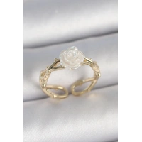 Pirinç Gold Renk Beyaz Gül Model Ayarlanabilir Kadın Yüzük