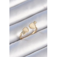 Pirinç Gold Renk Beyaz Mineli Kalp Model Kadın Yüzük