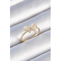 Pirinç Gold Renk Beyaz Mineli Zirkon Taşlı Kelebek Model Kadın Yüzük