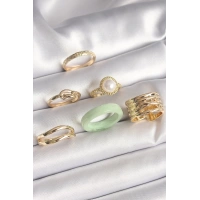 Pirinç Gold Renk Düğüm Model İncili İşlemeli Plaka Model 6Lı Kadın Yüzük Seti