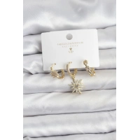 Pirinç Gold Renk Kutup Yıldızı Model 3lü Kadın Küpe Seti