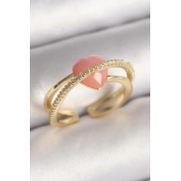 Pirinç Gold Renk Pembe Kristal Kalp Model Zirkon Taş Detaylı Kadın Yüzük