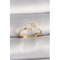 Pirinç Gold Renk Zirkon Taş Detaylı İncili Ayarlanabilir Yüzük