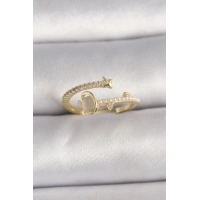 Pirinç Gold Renk Zirkon Taşlı Beyaz Mineli Yıldız Detaylı Ayarlanabilir Kadın Yüzük