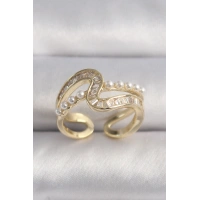 Pirinç Gold Renk Zirkon Taşlı İnci Detay VIP Seri Kadın Yüzük