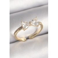 Pirinç Gold Renk Zirkon Taşlı Kalp Fiyonk Model Kadın Yüzük