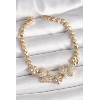 Pirinç Gold Renk Zirkon Taşlı Kelebek Figür Çiçek Zincir Model Kadın Bileklik