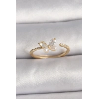 Pirinç Gold Renk Zirkon Taşlı Kelebek Mode İnci Detay Ayarlanabilir Yüzük