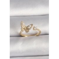 Pirinç Gold Renk Zirkon Taşlı Kelebek Model İnci Detay Ayarlanabilir Yüzük