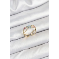 Pirinç Gold Renk Zirkon Taşlı Mavi Çiçekli Kadın Yüzük