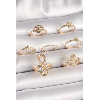 Pirinç Gold Renk Zirkon Taşlı Sonsuzluk Figür Yıldız Detay Kadın Yüzük Kombini