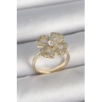 Pirinç Gold Renk Zirkon Taşlı Yonca Model Ayarlanabilir Kadın Yüzük