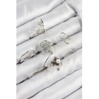 Pirinç Gül Kelebek Model Gümüş Renk Kadın Yüzük Kombin Set