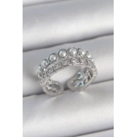 Pirinç Gümüş Renk 2Li Sıra Zirkon Taşlı Ve İncili Ayarlanabilir Kadın Yüzük